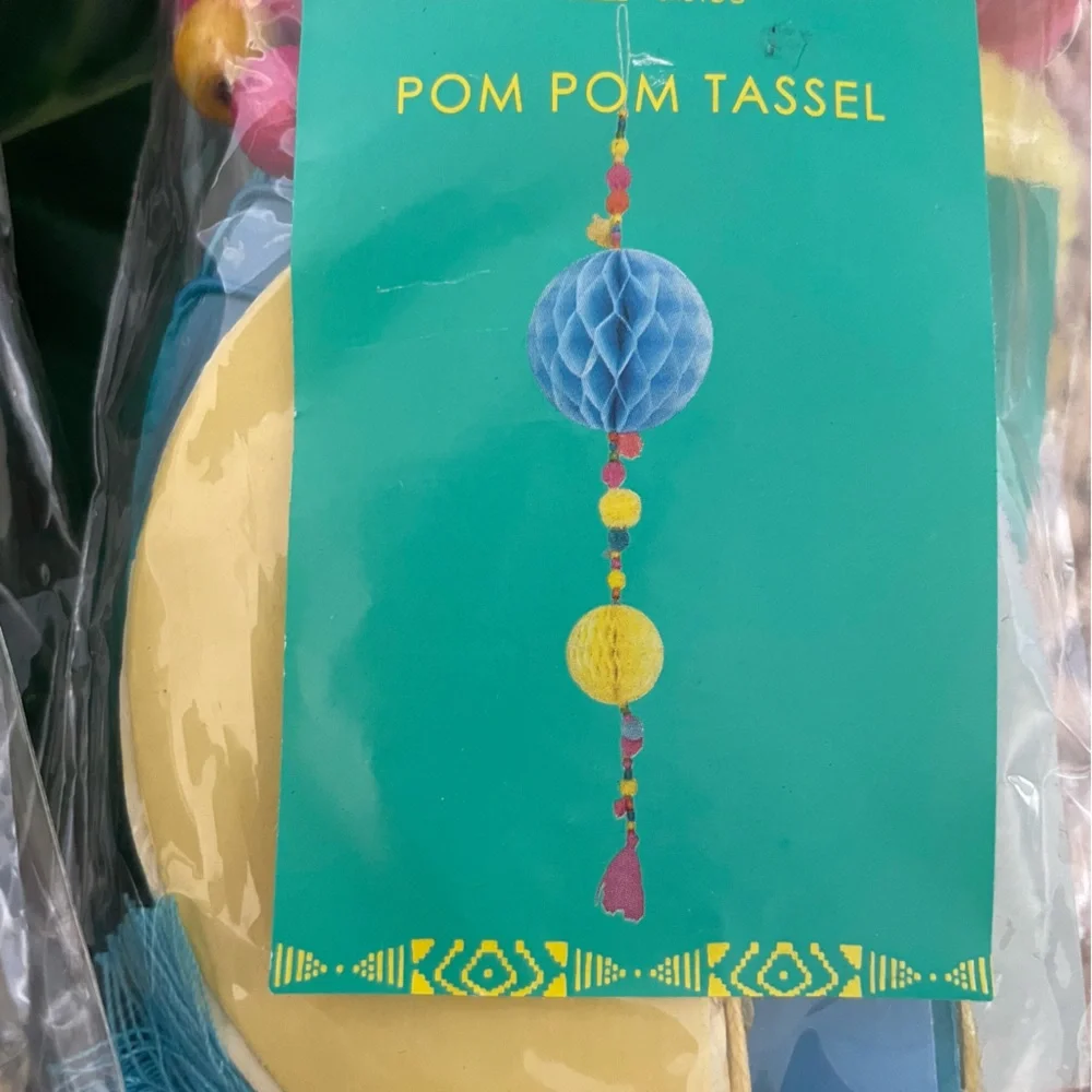 Talking Tables Pom Pom yarn Tassels beads decor set of 4 NWT for car, home, etc.